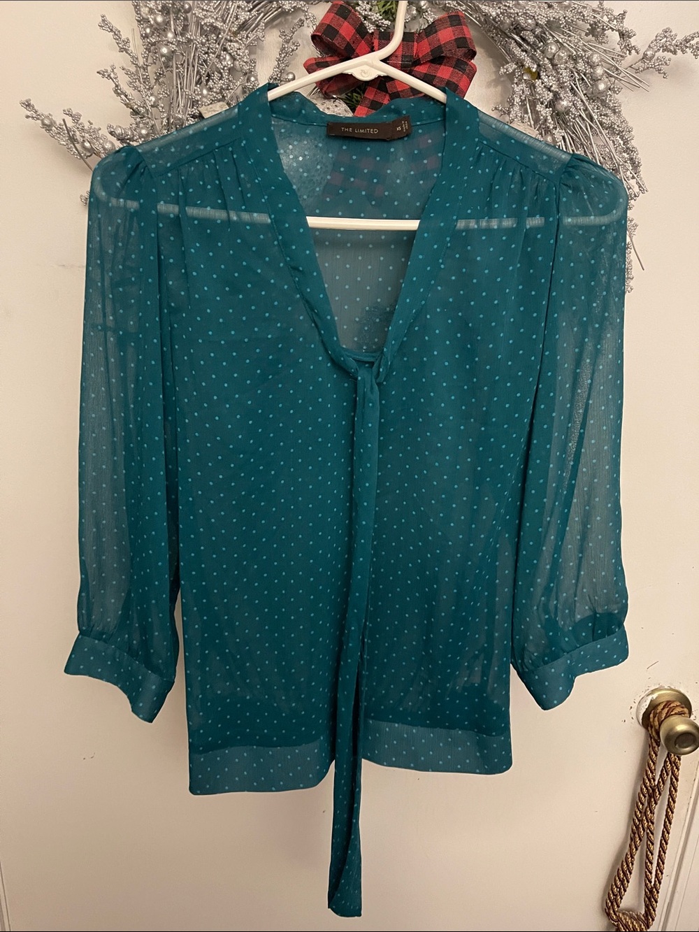 The Limited Teal Dot Tie-Neck Blouse